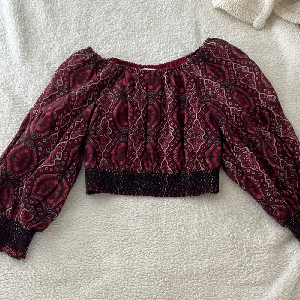 Alice + Olivia Red and Black Smocked Crop Blouse with Puff Sleeves